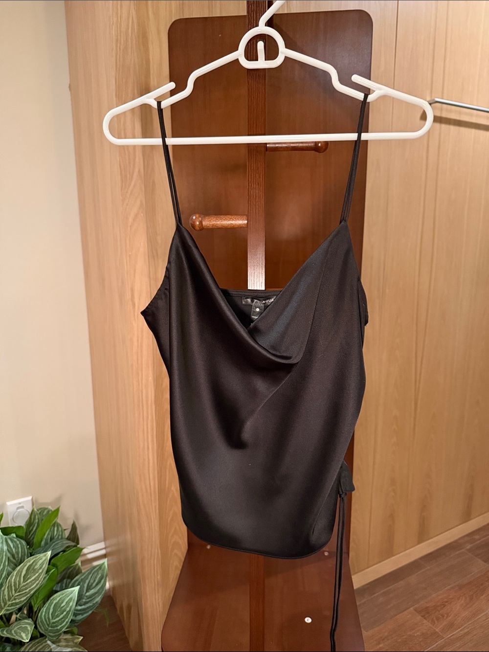 Aqua Black Satin Cowl Neck Spaghetti Strap Camisole